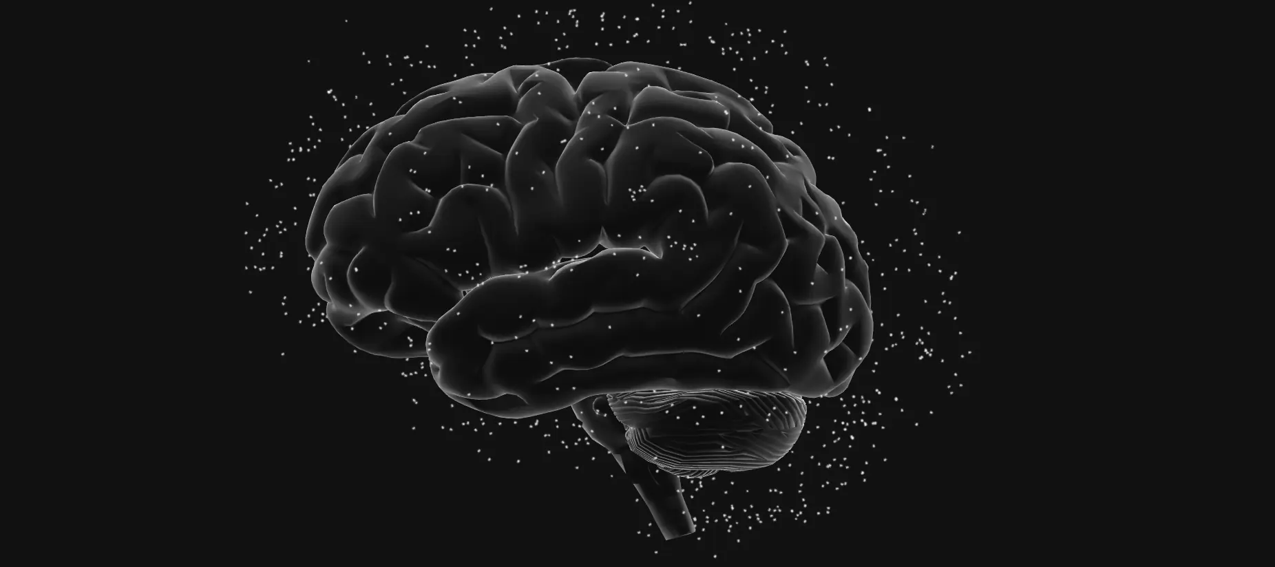 A human brain rendered in particles, its surface continually shedding and reforming.