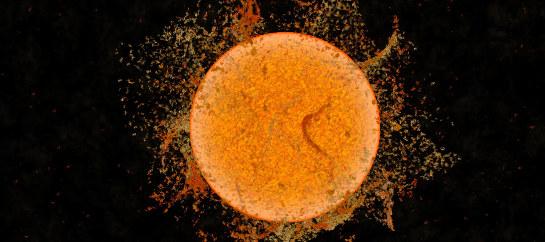 The core: a dense, granular body of light, turning slowly, throwing off matter at its edges.